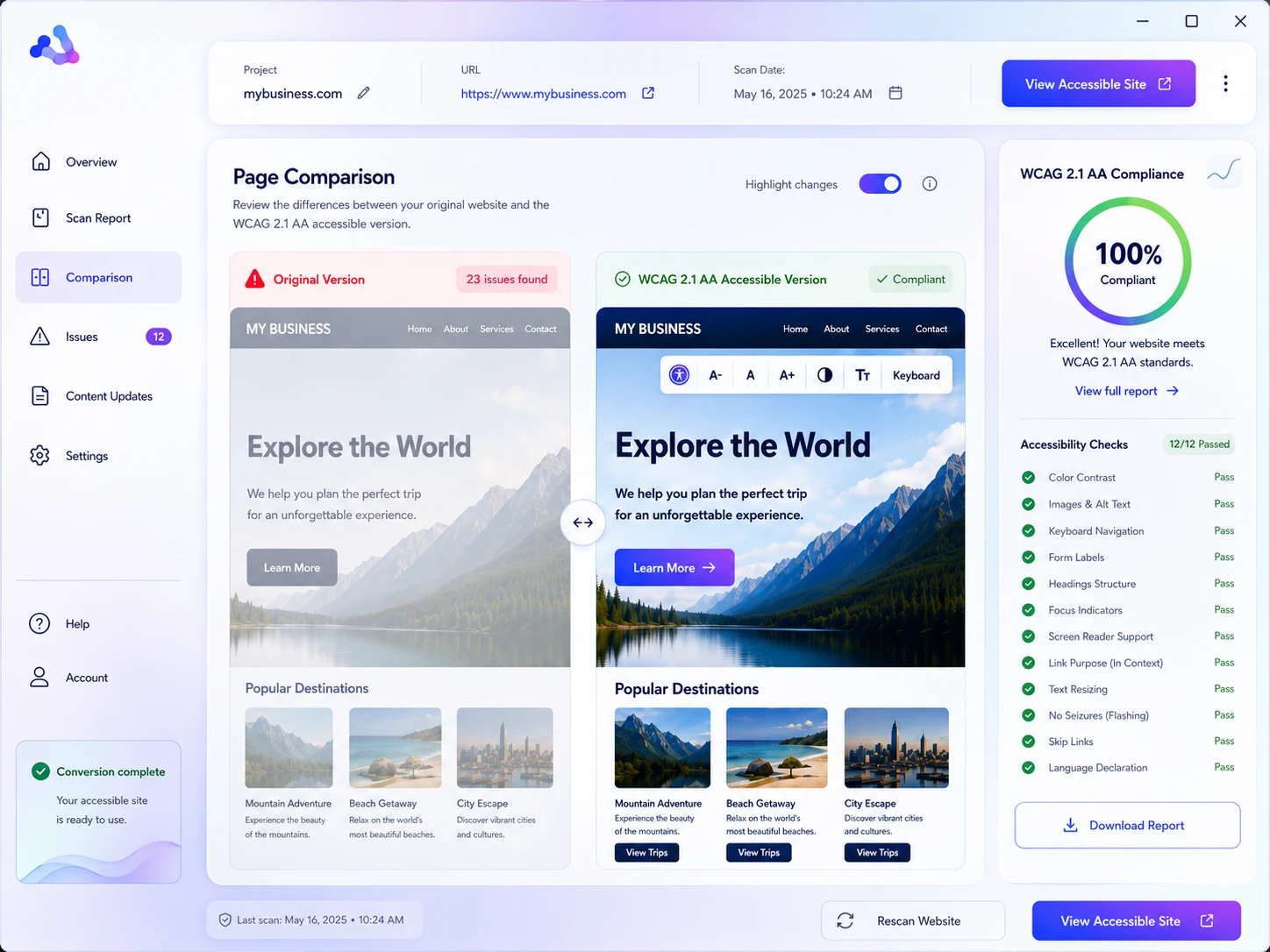 Accessibility conversion tool — side-by-side comparison of an original site versus its WCAG 2.1 AA accessible version, scoring 100% compliant across 12 accessibility checks
