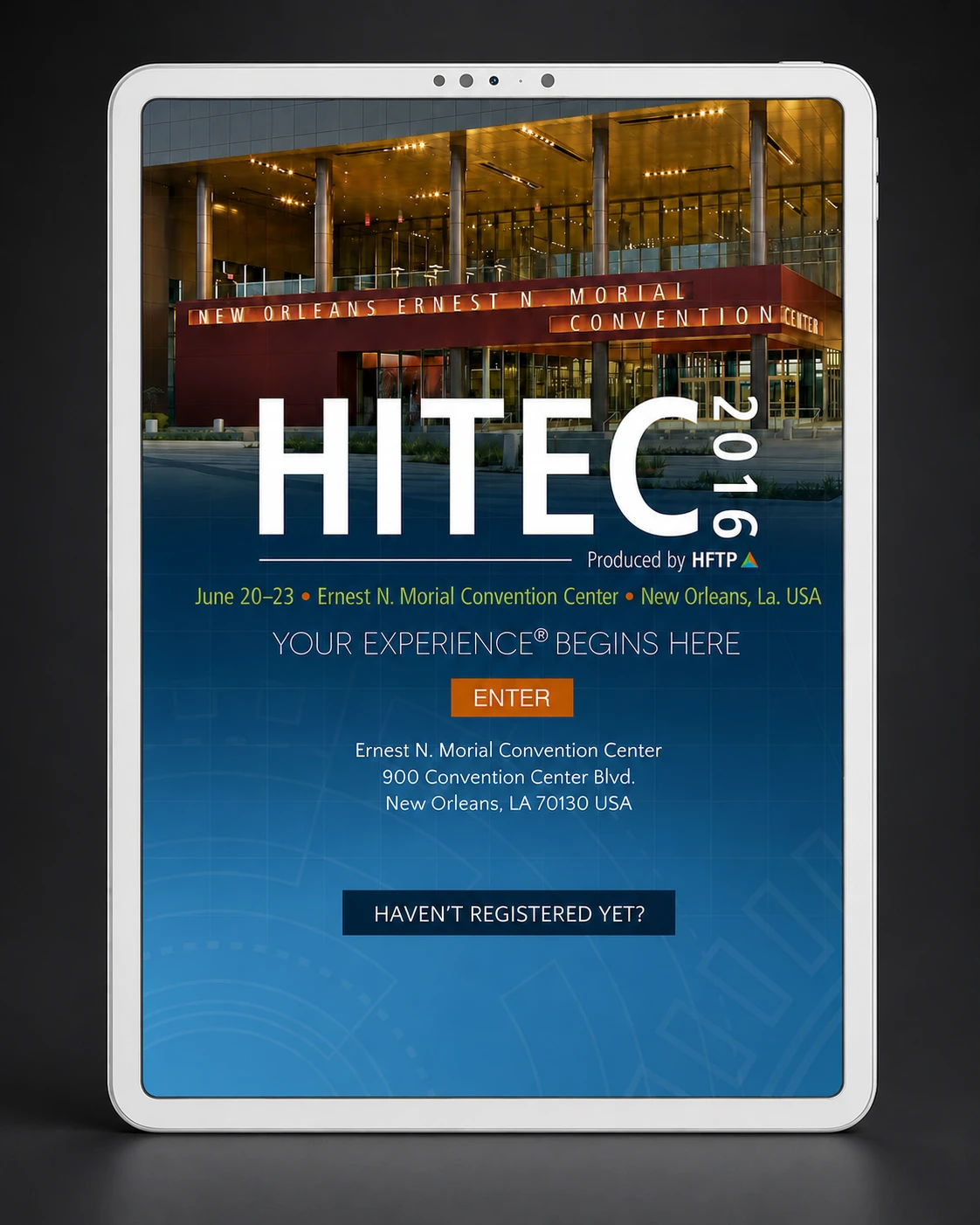 HITEC 2016 conference app splash screen — Ernest N. Morial Convention Center, New Orleans, with Enter call to action