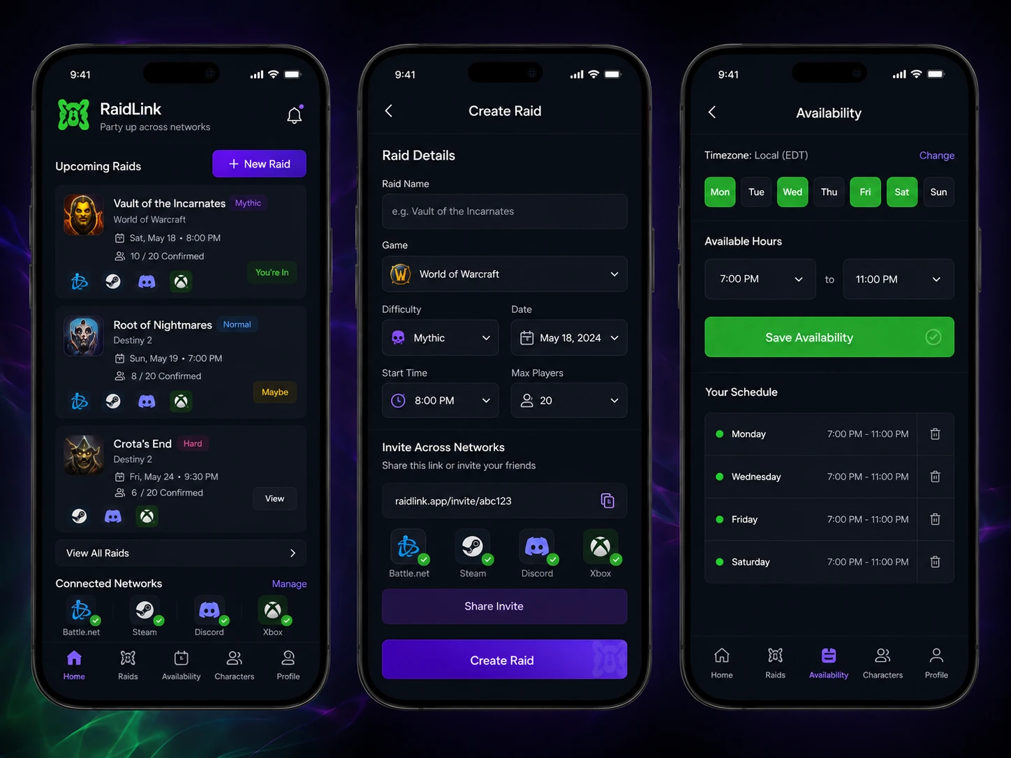 RaidLink — cross-network raid scheduling app shown across three phone screens: raid planning, availability, and character roster
