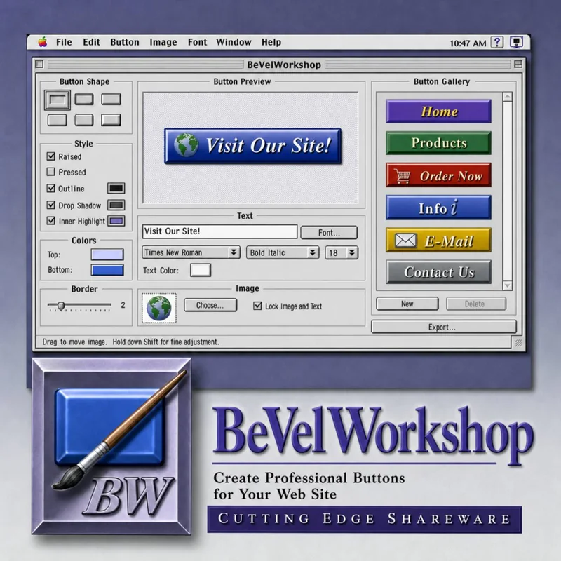 BeVelWorkshop interface with button styles, colors, text controls, and a gallery of web buttons