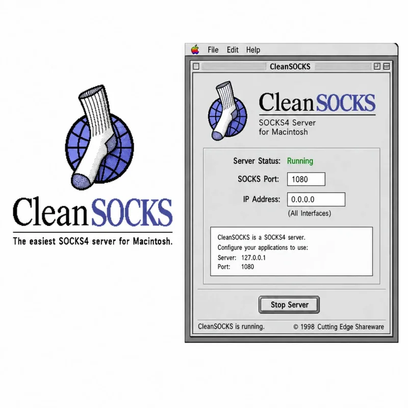 CleanSOCKS logo and classic Mac interface showing SOCKS4 server status and connection settings